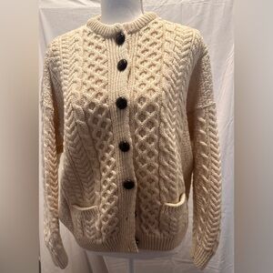 Vtg Patricia Kenny Aran Knit 100% Pure New Irish Wool Sweater L Cream Buttondown